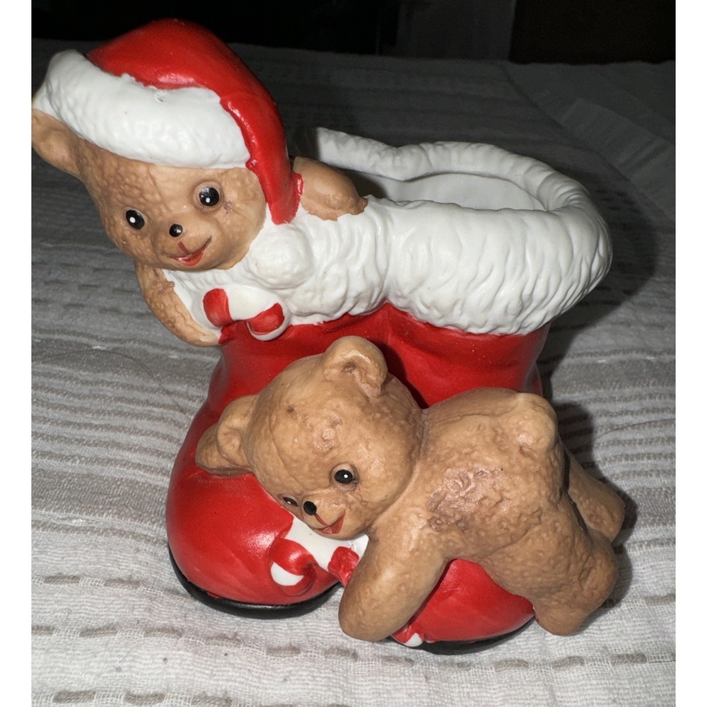 Vintage 1988 House of Lloyd Teddy Bears on Santa Boots Ceramic Figurine Planter‎